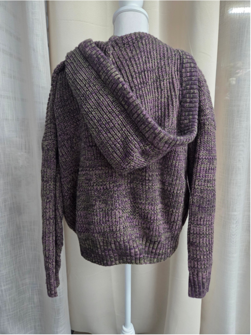 Cozy Hooded Zip-Front Cardigan Sweater - Purple/Gray - Picture 2 of 4